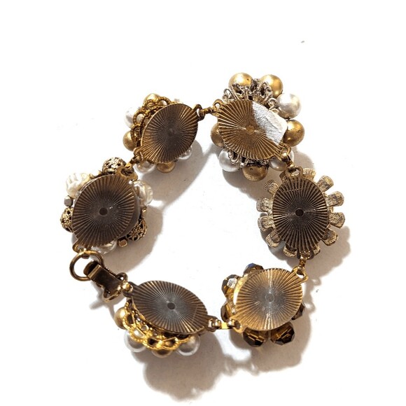 Vintage Gold Tone Cluster Beaded Bracelet Faux Pearls Faceted Crystal Floral 8" - Picture 3 of 3